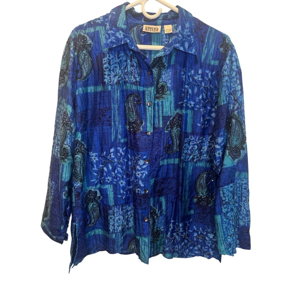 Chicos‎ Design 100% Silk Blue Teal Beaded Paisley Button Down Top Size 2 Medium